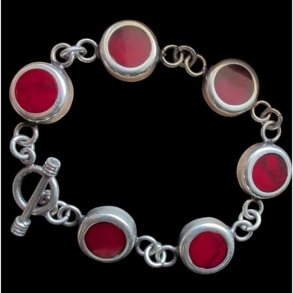 Vintage Red Jasper Taxco Style Sterling Silver Link Bracelet